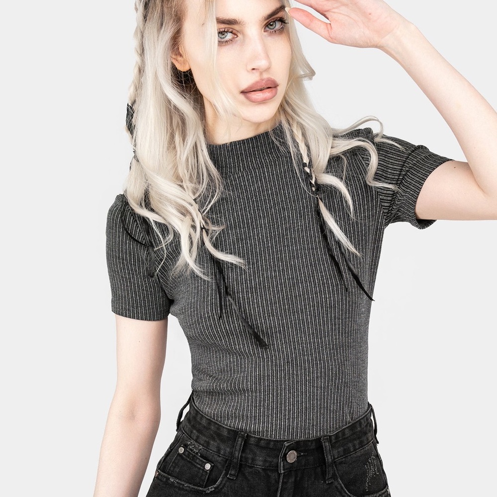 NWOT Disturbia Gray Ribbed Short Sleeve Bodysuit